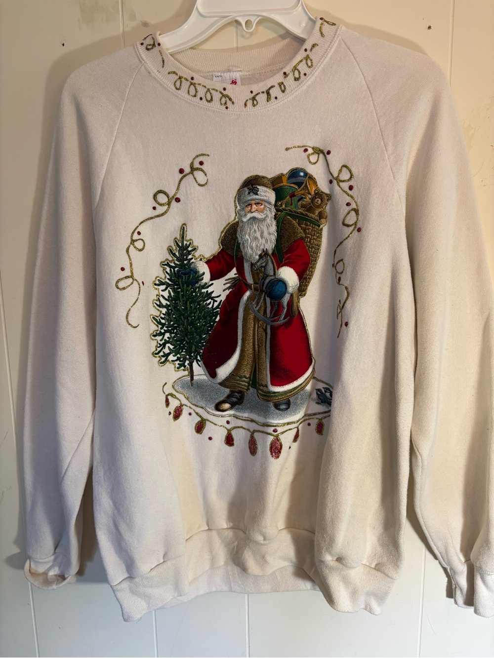 Vintage 90s Handmade Christmas Sweatshirt Glitter Puff Paint Old World Santa